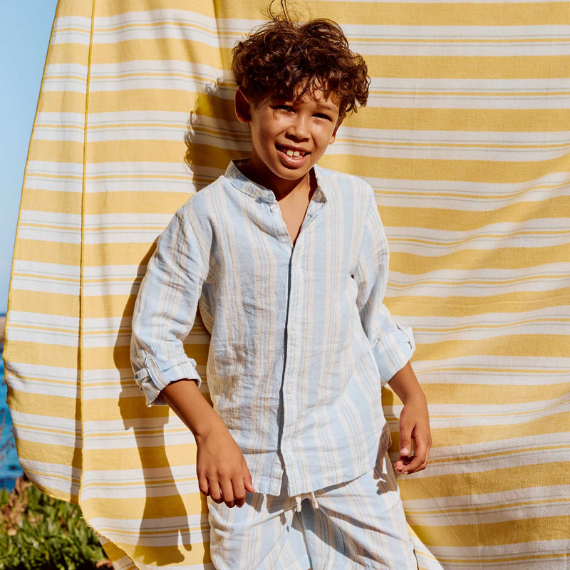 Chemise rayée col mao en lin et coton