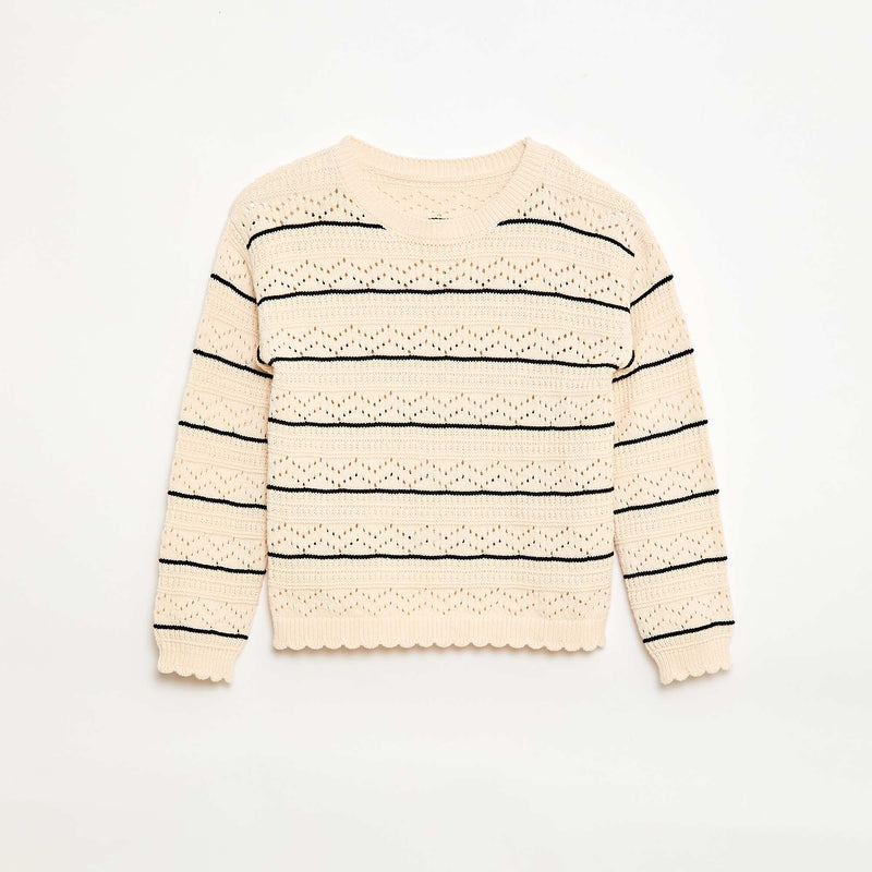 Pull col rond maillé fantaisie avec motifs ajourés en coton