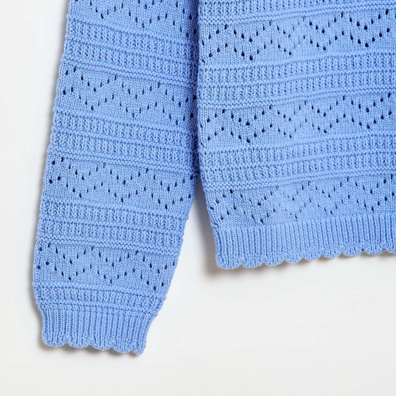 Pull col rond maillé fantaisie avec motifs ajourés en coton