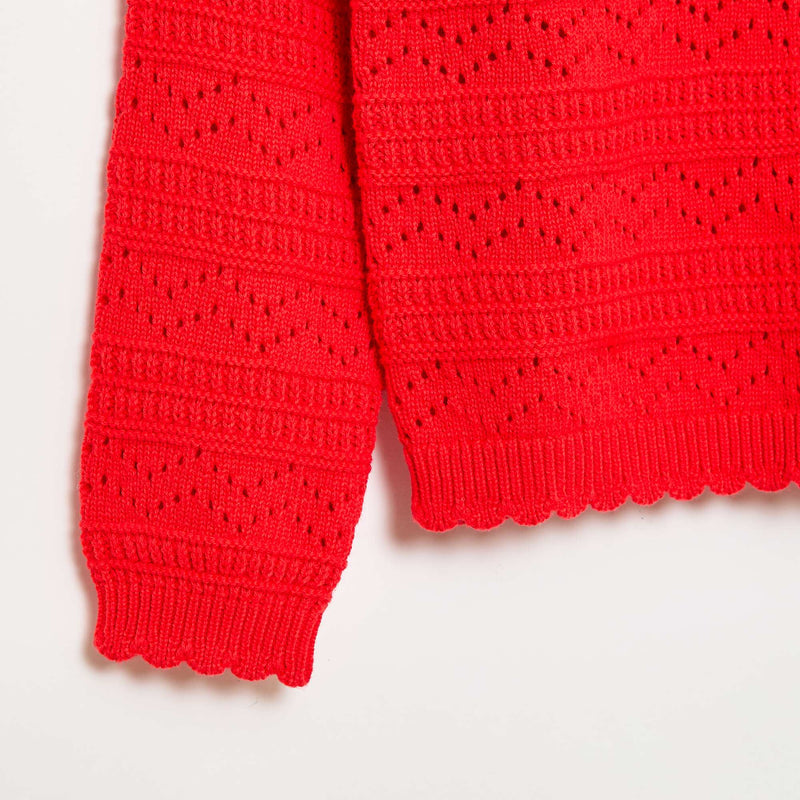 Pull col rond maillé fantaisie avec motifs ajourés en coton