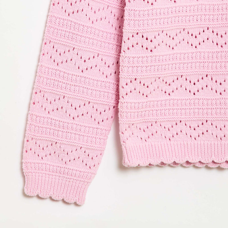 Pull col rond maillé fantaisie avec motifs ajourés en coton