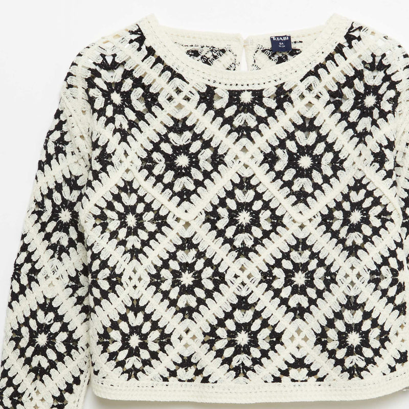 Pull en maille ajourée avec broderies fleurs
