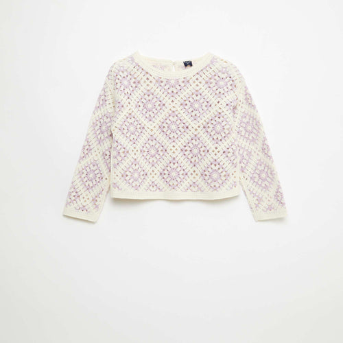 Pull en maille ajourée avec broderies fleurs
