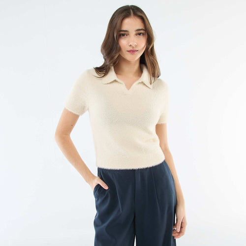 Pull manches courtes maille poilue
