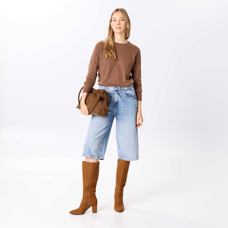 Pull col rond en maille fine jauge – Marron – Kiabi Maroc