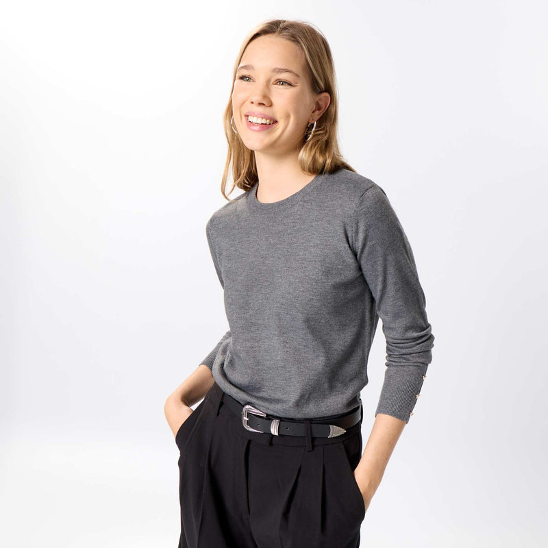Pull col rond en maille fine jauge – Gris – Kiabi Maroc