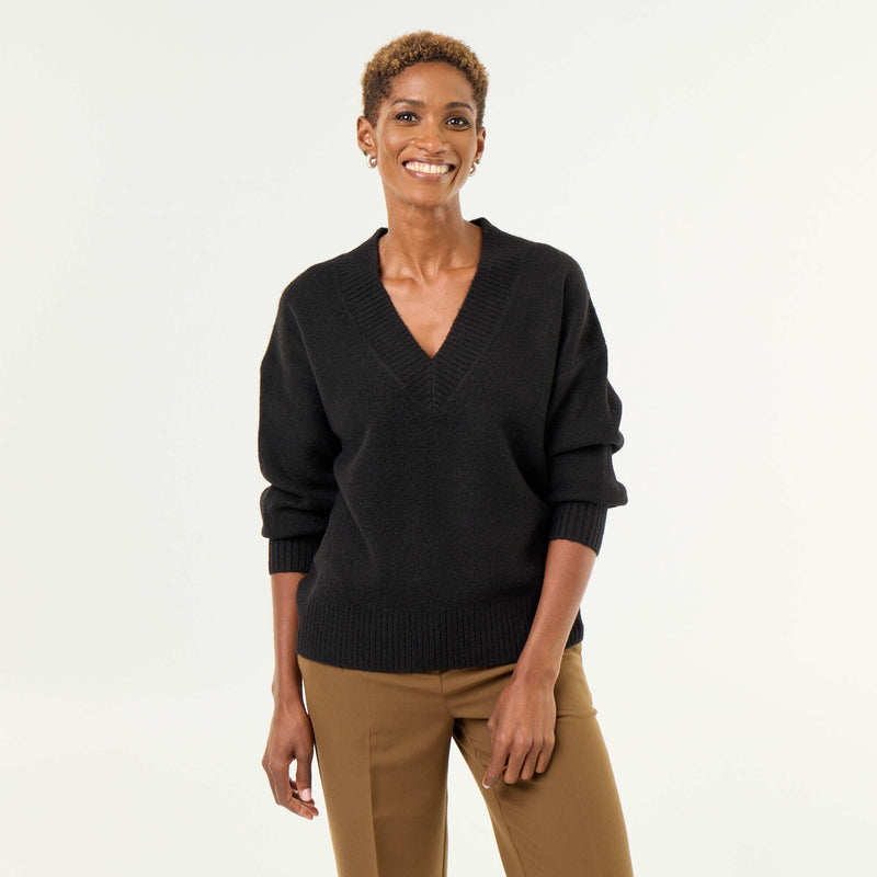 Pull avec grand col en V en maille côtelée – Noir – Kiabi Maroc
