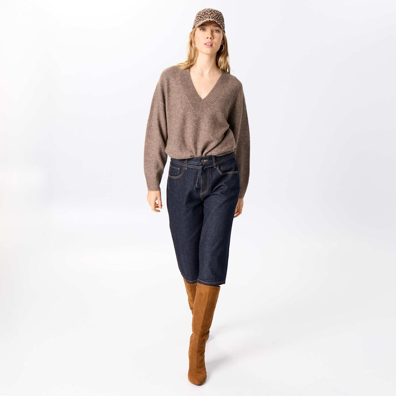 Pull avec grand col en V en maille côtelée – Marron – Kiabi Maroc