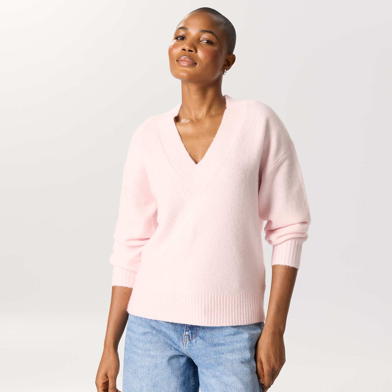 Pull avec grand col en V en maille côtelée – Rose – Kiabi Maroc