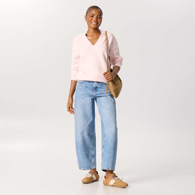 Pull avec grand col en V en maille côtelée – Rose – Kiabi Maroc