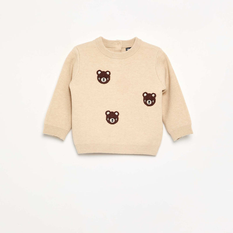 Pull en maille compacte avec broderies animaux – Beige – Kiabi Maroc