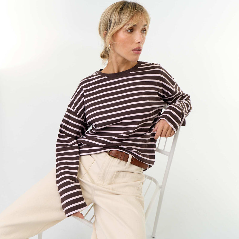 Tee-shirt manches longues rayé – Marron – Kiabi Maroc