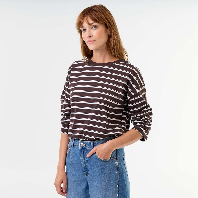 Tee-shirt manches longues rayé – Marron – Kiabi Maroc