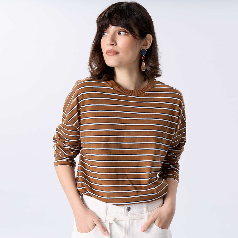 Tee-shirt manches longues rayé – Marron – Kiabi Maroc