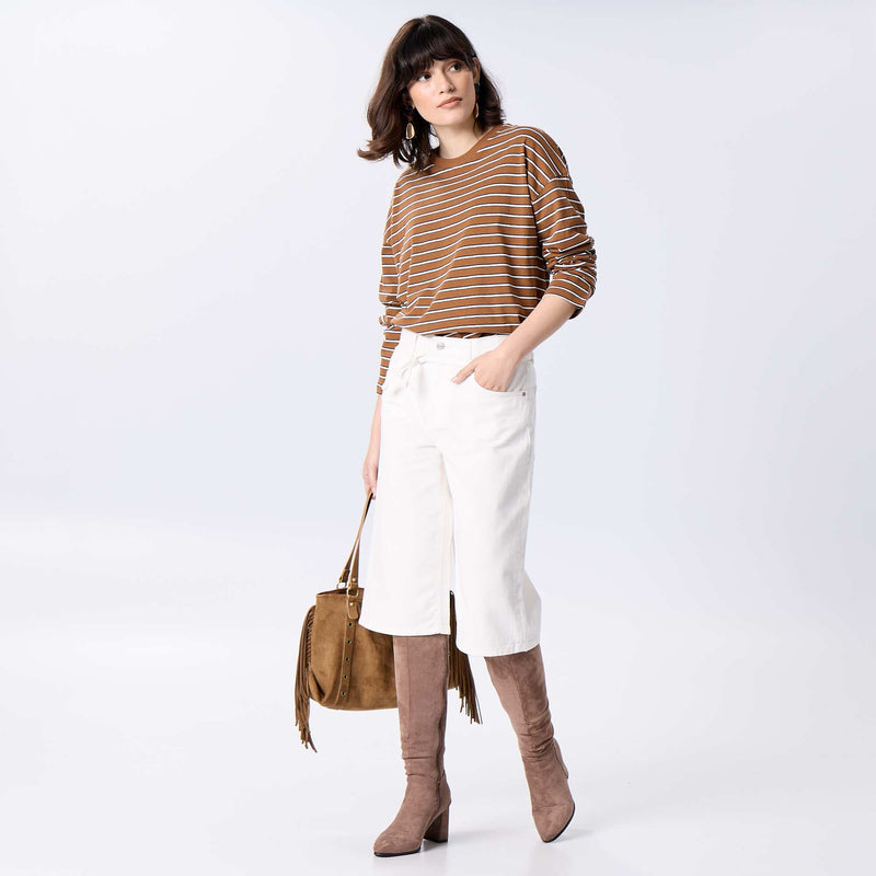 Tee-shirt manches longues rayé – Marron – Kiabi Maroc