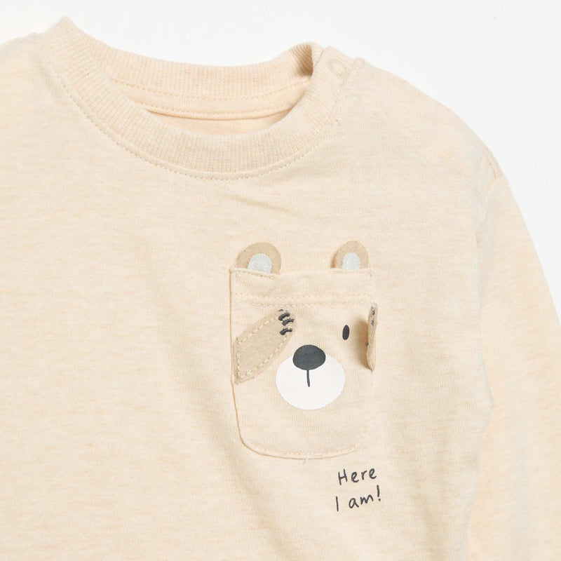 T-shirt à manches longues avec poche animée – Beige – Kiabi Maroc