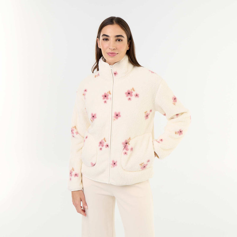 Haut en polaire zippé à motif – Blanc – Kiabi Maroc
