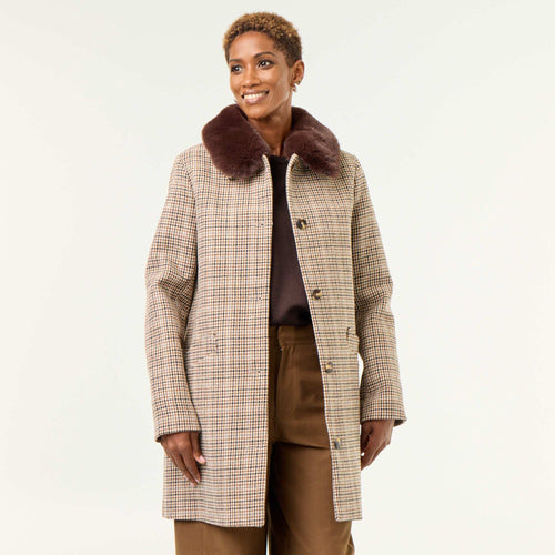 Manteau pied de poule avec col en fausse fourrure