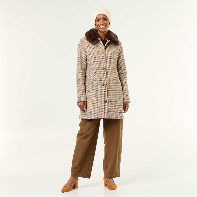 Manteau pied de poule avec col en fausse fourrure – Marron – Kiabi Maroc