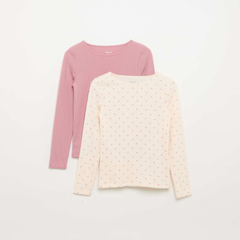 Lot de 2 T-shirts à manches longues en maille fantaisie – Rose – Kiabi Maroc