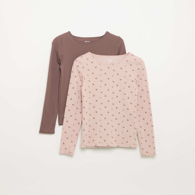 Lot de 2 T-shirts à manches longues en maille fantaisie – Rose – Kiabi Maroc