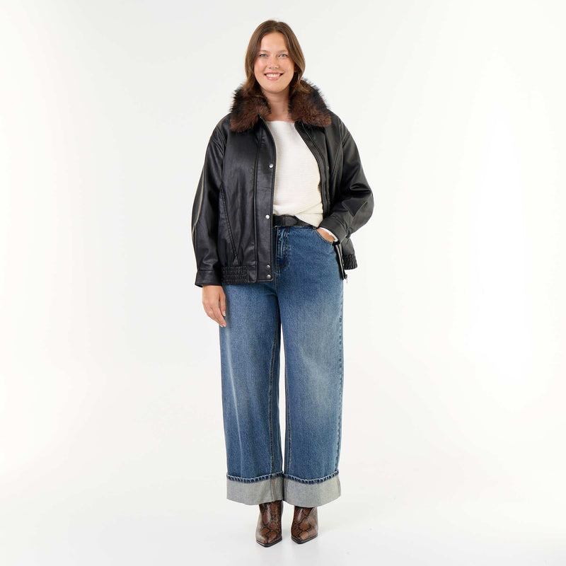 Blouson faux cuir oversize avec col en fausse fourrure amovible – Noir – Kiabi Maroc