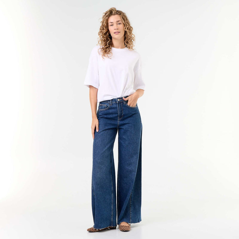 Jean wide leg avec bord à cru – Bleu – Kiabi Maroc