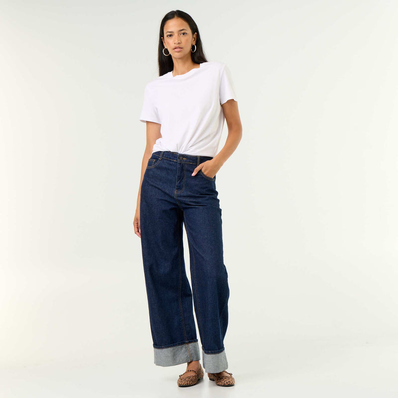 Jean wide leg avec revers à la base – Bleu – Kiabi Maroc