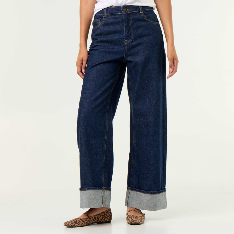Jean wide leg avec revers à la base – Bleu – Kiabi Maroc