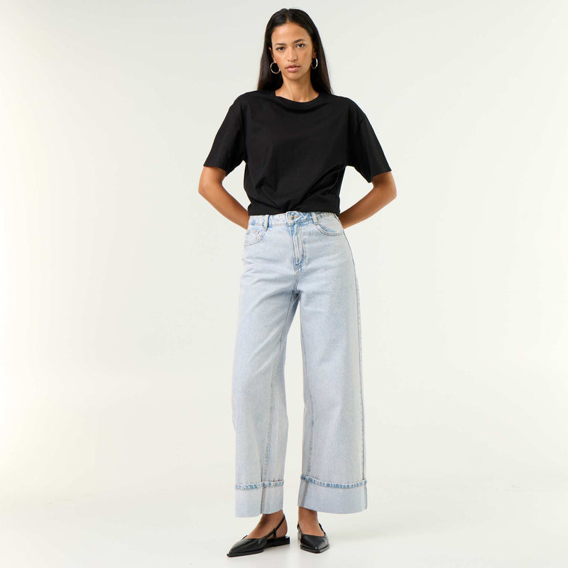 Jean wide leg avec revers à la base – Bleu – Kiabi Maroc