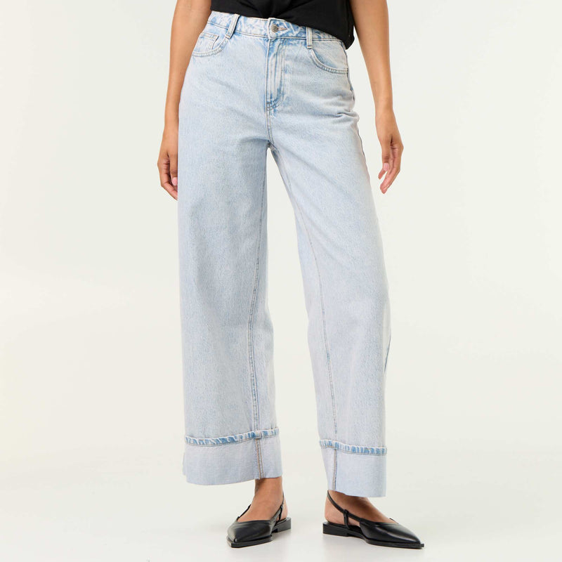 Jean wide leg avec revers à la base – Bleu – Kiabi Maroc