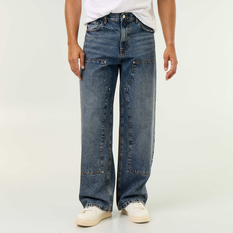 Jean baggy uni avec empiècements fantaisies