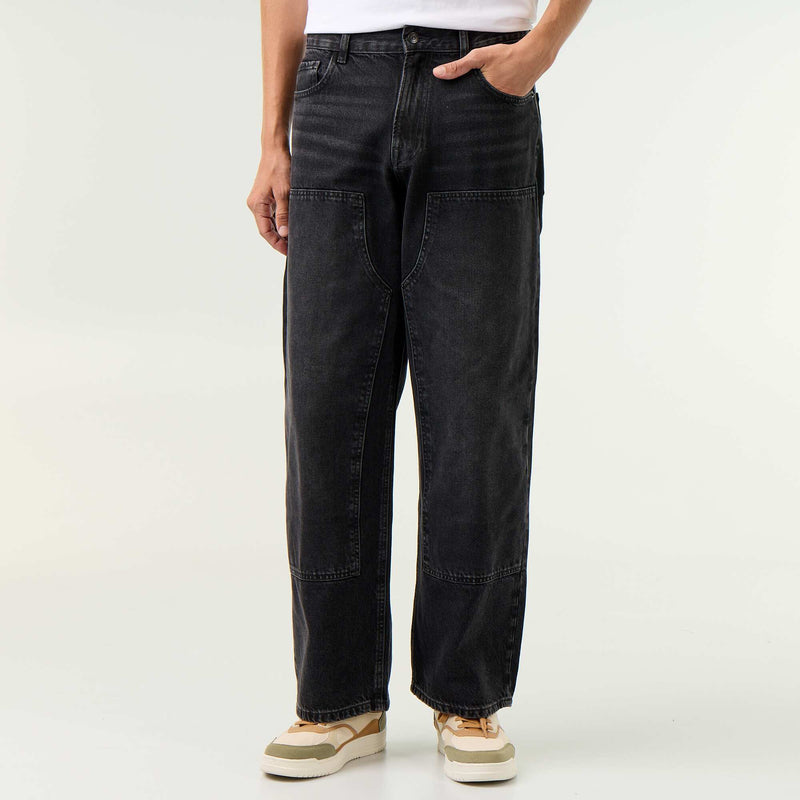 Jean baggy uni avec empiècements fantaisies