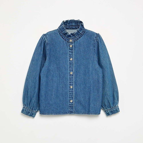 Chemisier denim avec col montant volanté