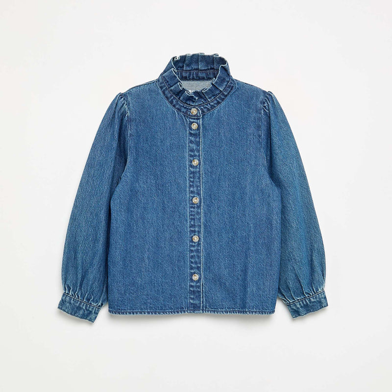 Chemisier denim avec col montant volanté – Bleu – Kiabi Maroc