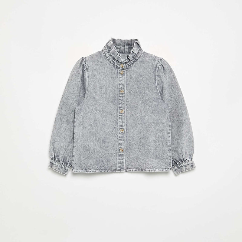 Chemisier denim avec col montant volanté – Gris – Kiabi Maroc