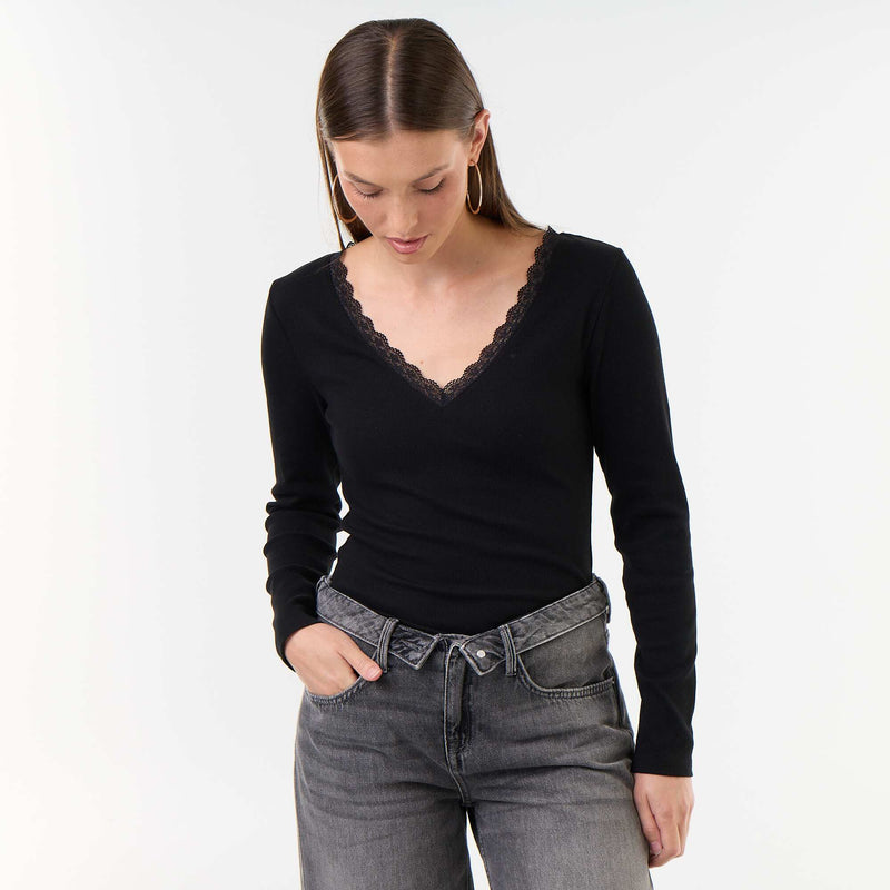 T-shirt côtelé avec dentelle au col – Noir – Kiabi Maroc