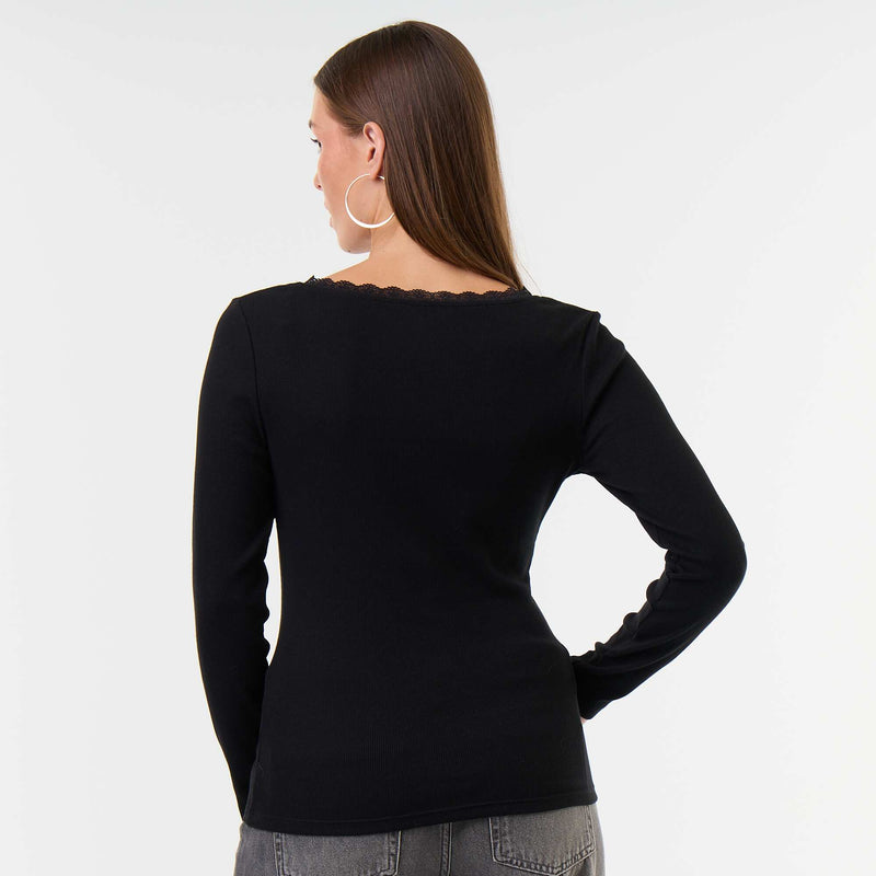 T-shirt côtelé avec dentelle au col – Noir – Kiabi Maroc