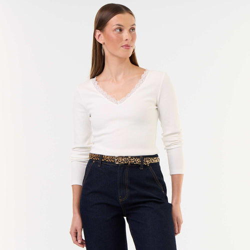 T-shirt côtelé avec dentelle au col