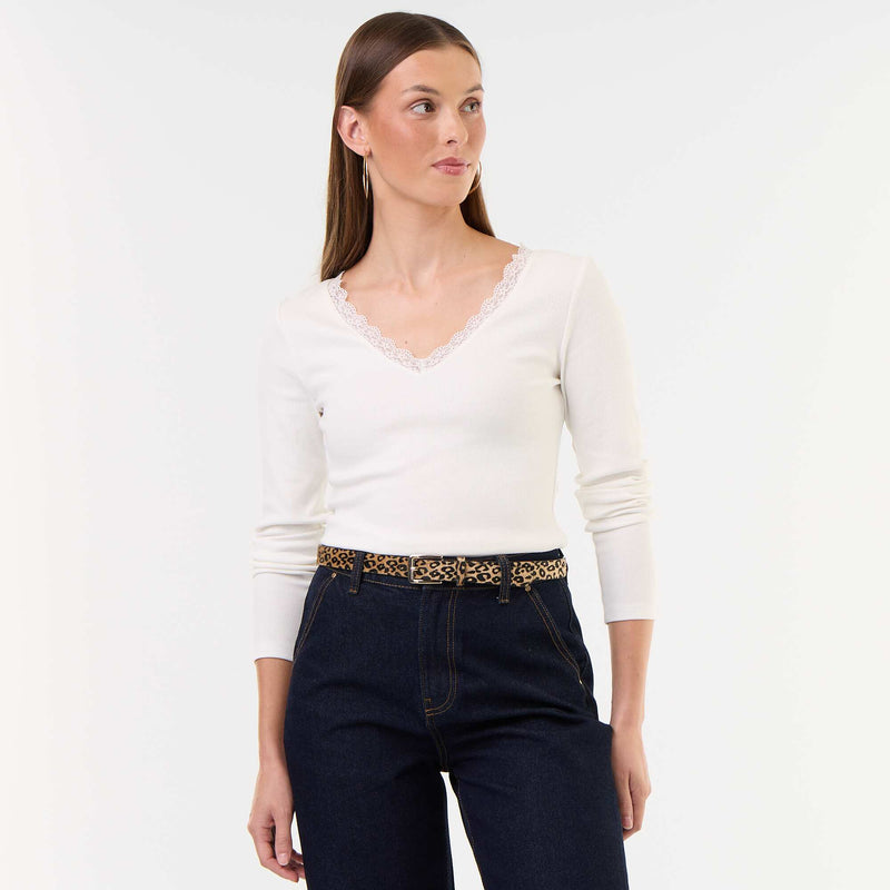 T-shirt côtelé avec dentelle au col – Blanc – Kiabi Maroc