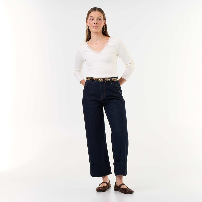 T-shirt côtelé avec dentelle au col – Blanc – Kiabi Maroc