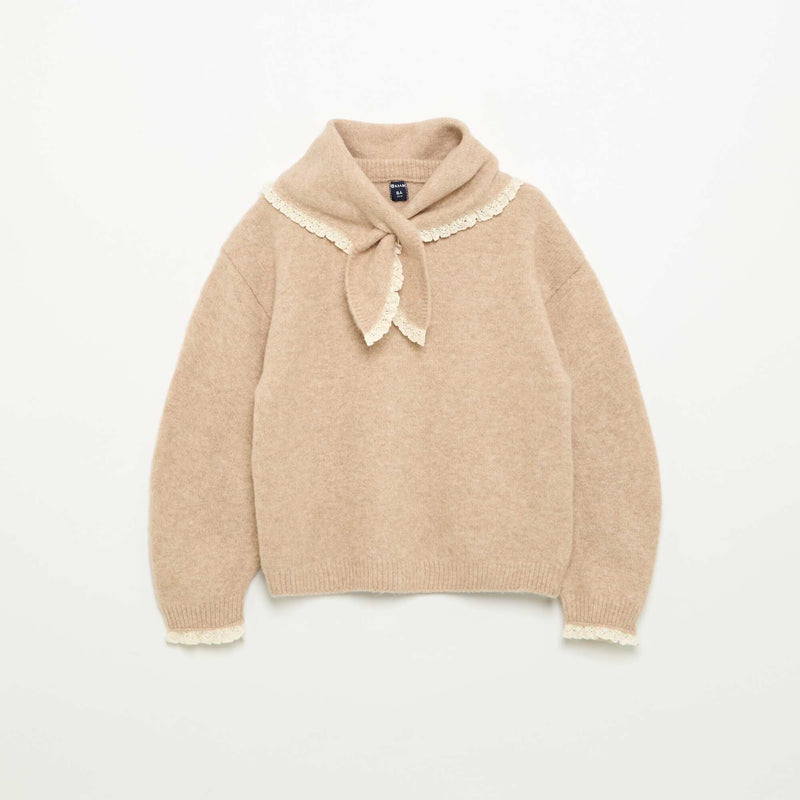 Ensemble 2 pièces avec bords en crochet - Pull + foulard – Beige – Kiabi Maroc