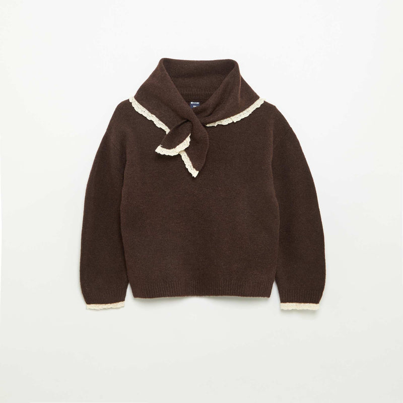 Ensemble 2 pièces avec bords en crochet - Pull + foulard – Marron – Kiabi Maroc